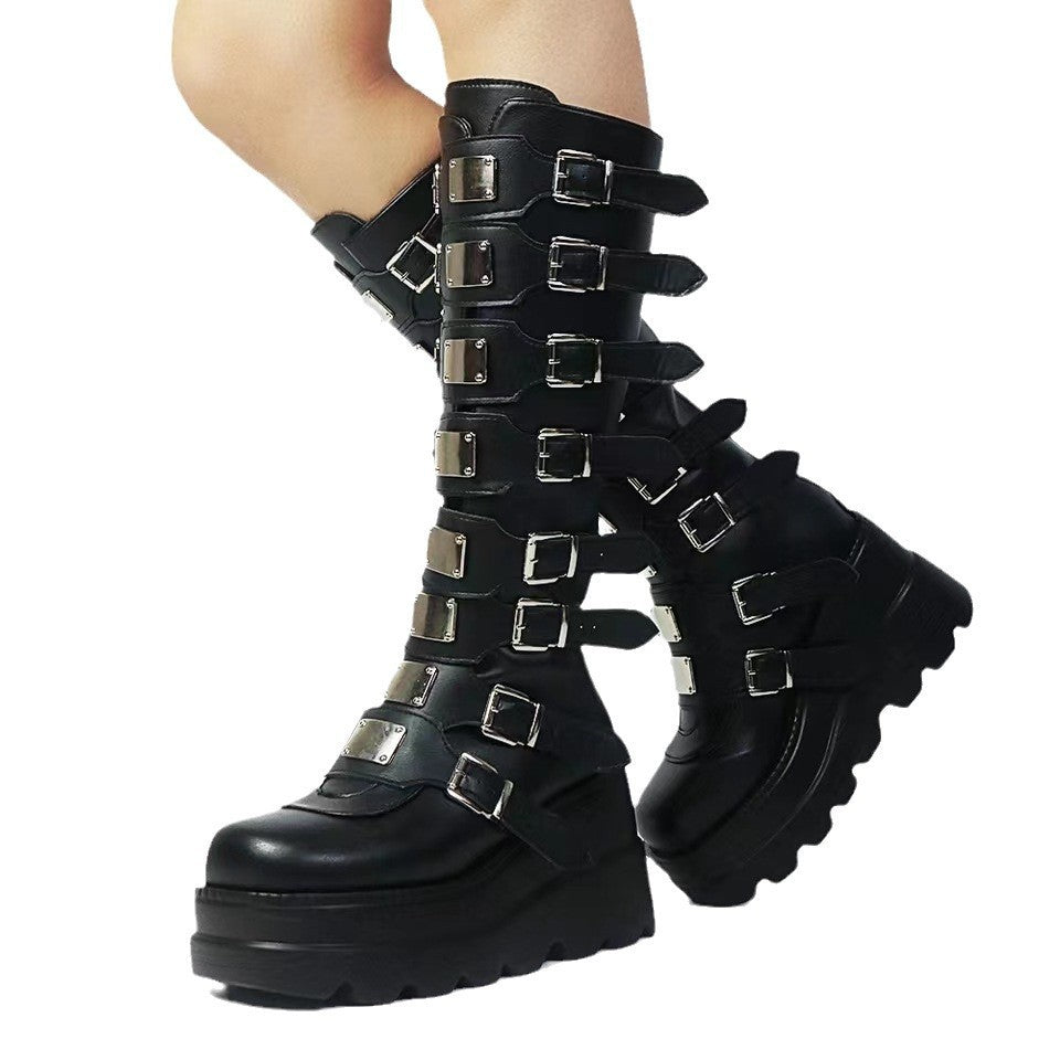 Women's Metal Buckle With Platform High Female Women's Leather Boots