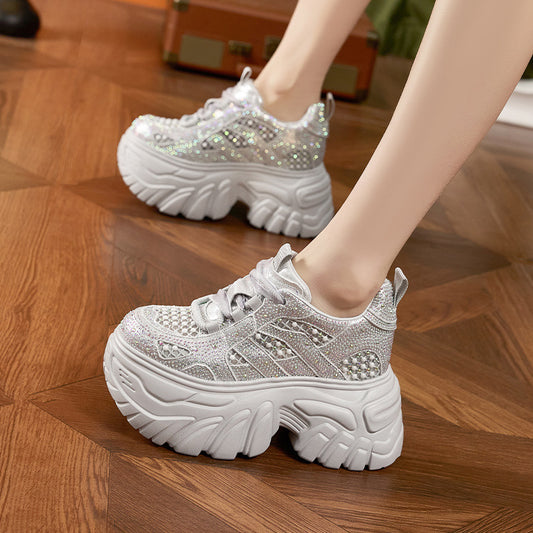 Women's Rhinestone Dad Summer Hollow Mesh Surface Versatile Thick Bottom Height Women's Sports Shoes