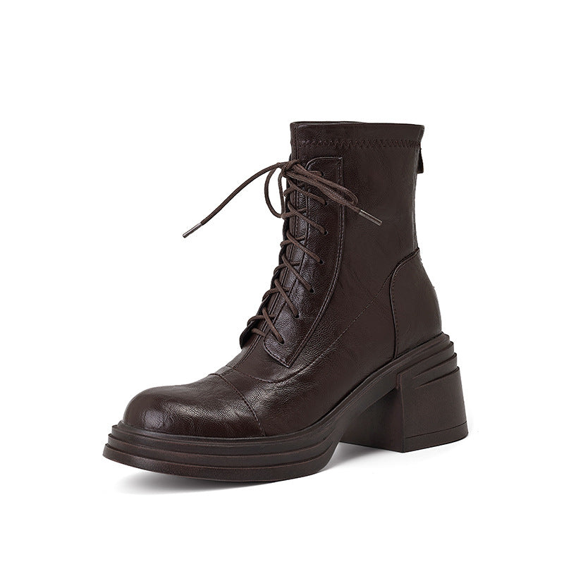 Thick Skinny Back Zip Platform Stretch Stitching Ankle Heels