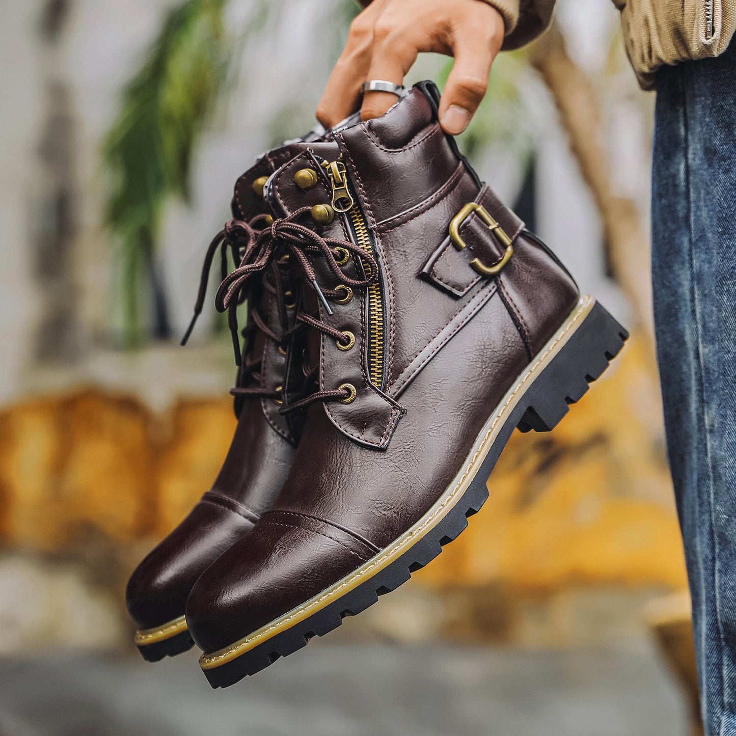 Men's Motorcycle Double Zipper Heavy Machine Bag Men's Leather Boots