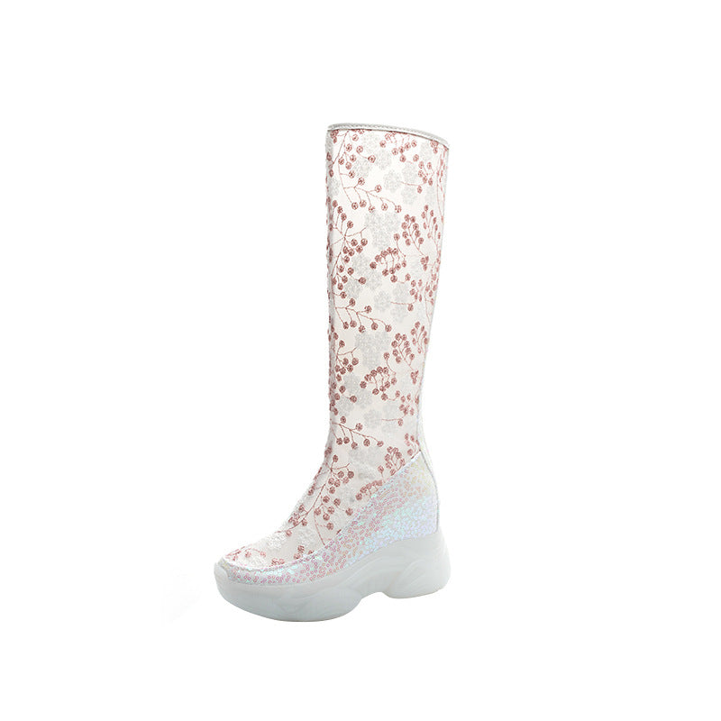 Women's Insole Embroidered Back Zipper Small Slim Below The Women's Leather Boots