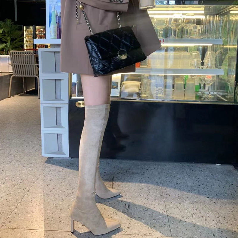 Pointed Toe High-heeled Thigh Female Apricot Suede Stretch Thin Over Boots