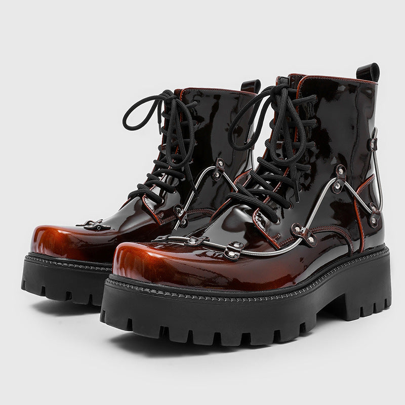 Men's British Style Niche Square Toe Handsome Short Platform Motorcycle Red Men's Martin Boots