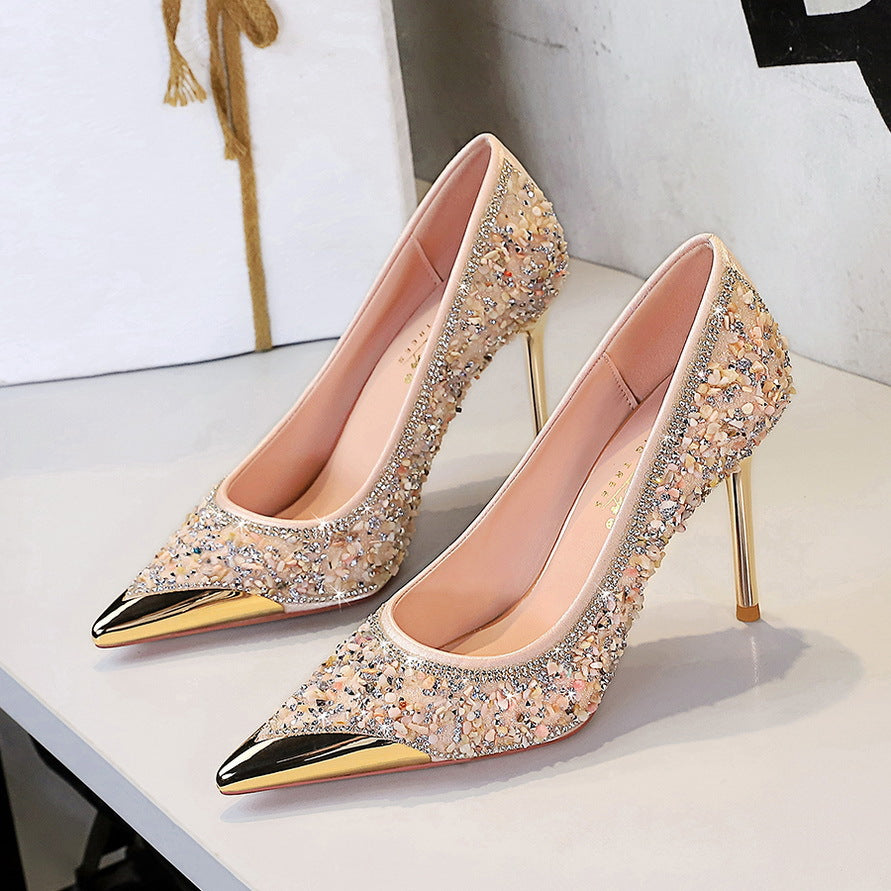 Women's Stiletto Rhinestone High Metal Pointed Low-cut Slip-on Crystal Women's Fashion Shoes