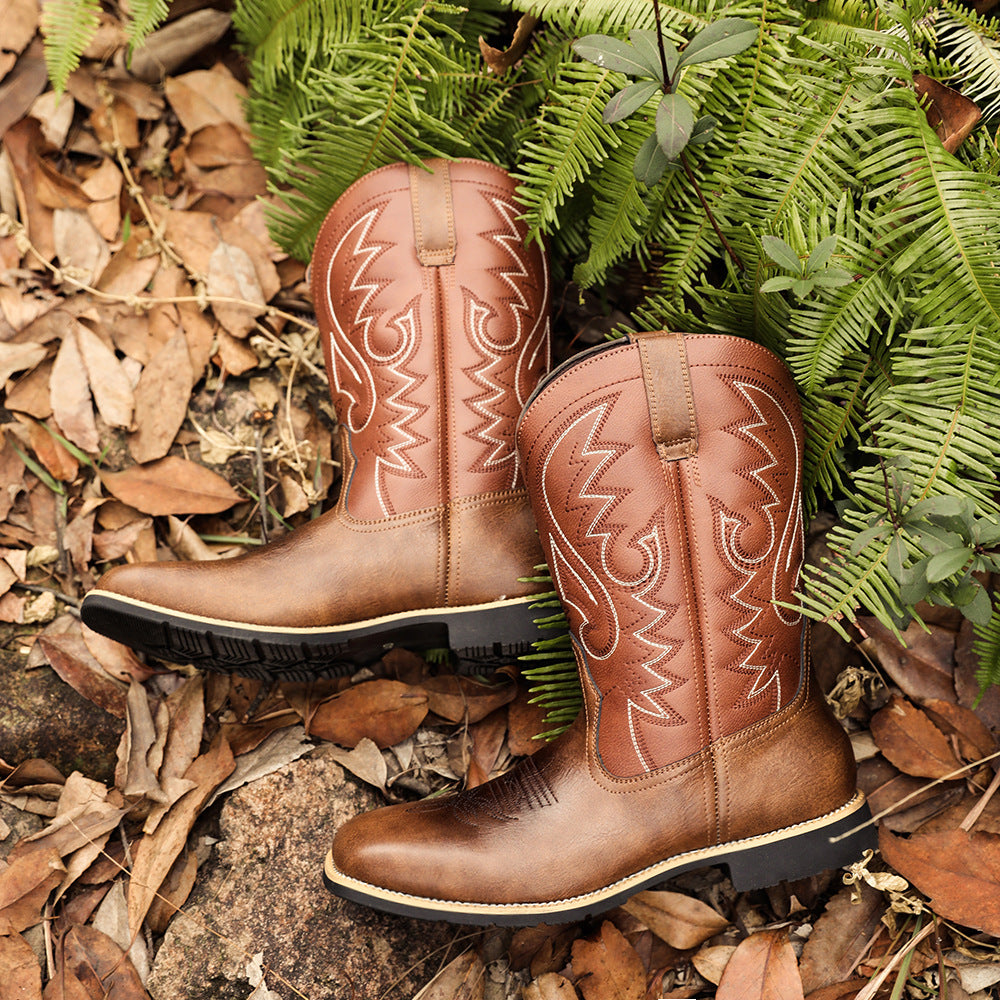 Sleeve Large Wide Head Western Cowboy Men's Leather Boots
