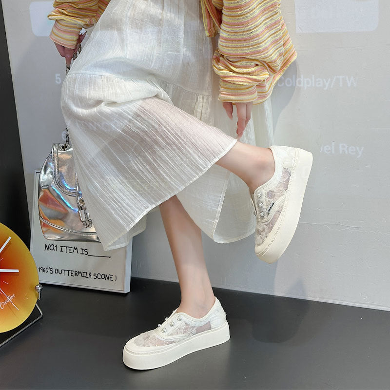 Women's Breathable White Lace Fisherman Mesh Fashionable Platform Slip-on Casual Shoes