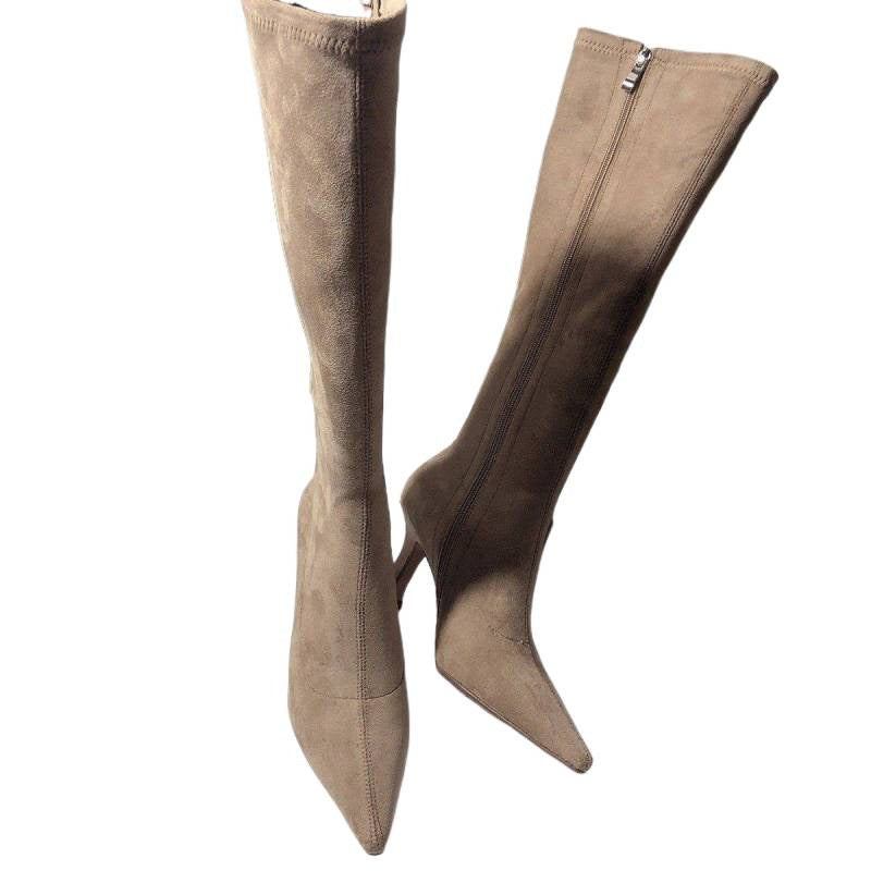Men's Simple Below The Knee Stretch Frosted Skinny Side Zipper Pointed Women's Leather Boots