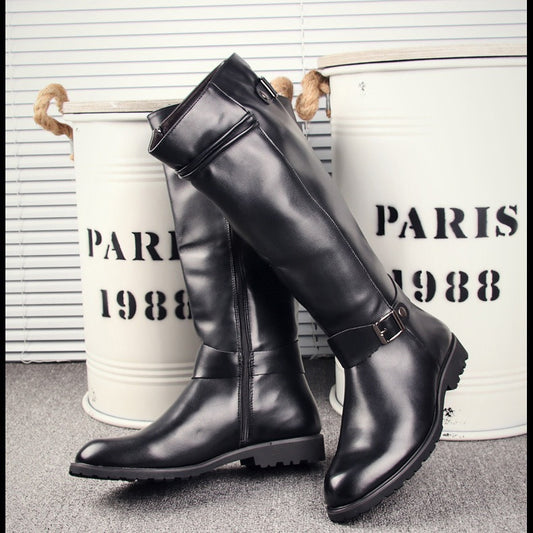 Hair Simple Wellingtons Korean Fashion Zipper High Leg Denim Pointed Men's Leather Boots
