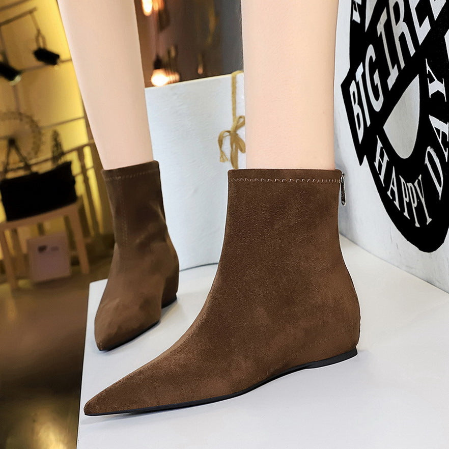 Women's Fashionable Simple Low Wedge Hidden Pointed Toe Pedicure Slimming Suede Boots