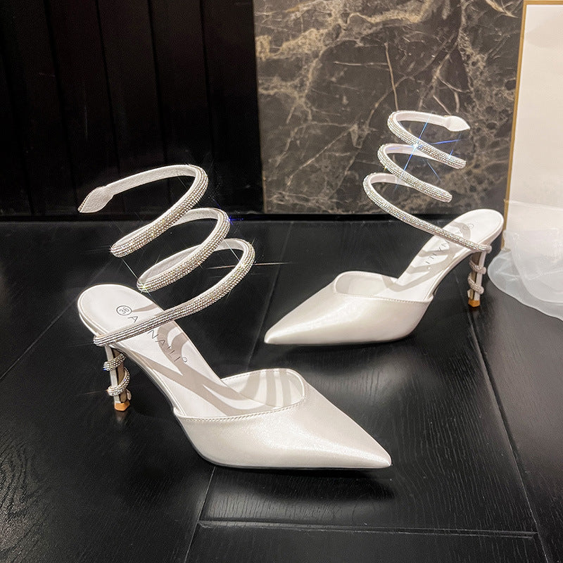 Women's Toe Summer Sexy Snakelike Winding Rhinestone Suede Pointed White Satin High Heeled Sandals