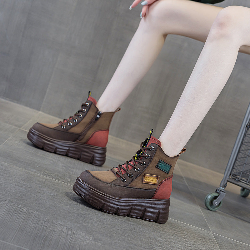 Women's Winter Fashion Small Height Increasing Retro Ankle Women's Leather Boots