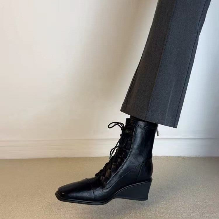 Version Wedge Height Increasing Skinny British Style Martin Female Square Women's Leather Boots