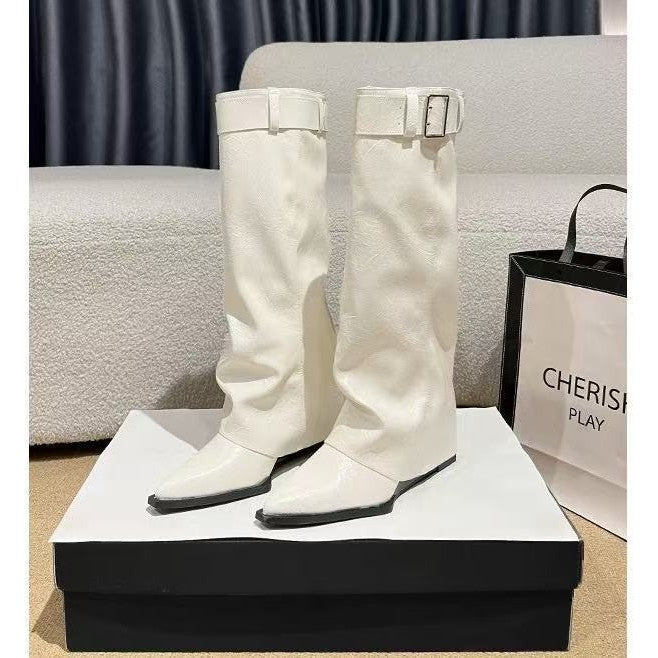 Women's Version Pointed Hot Style White Belt Buckle Wedge Skinny Pants Women's Leather Boots