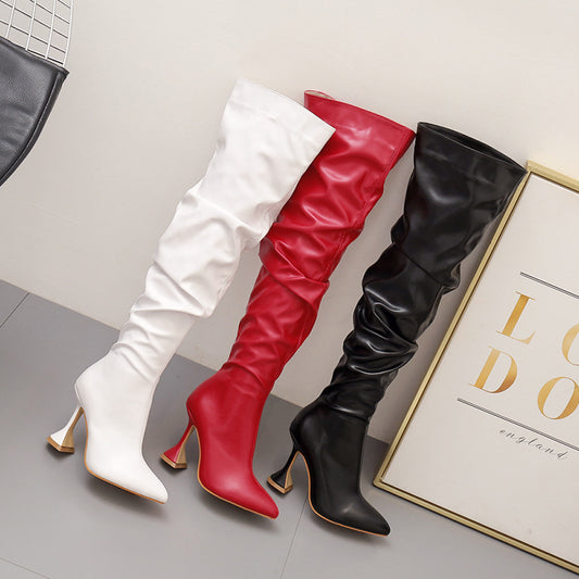 Women's High Knee-high Leg Trimming Slimming Pleated Women's Leather Boots