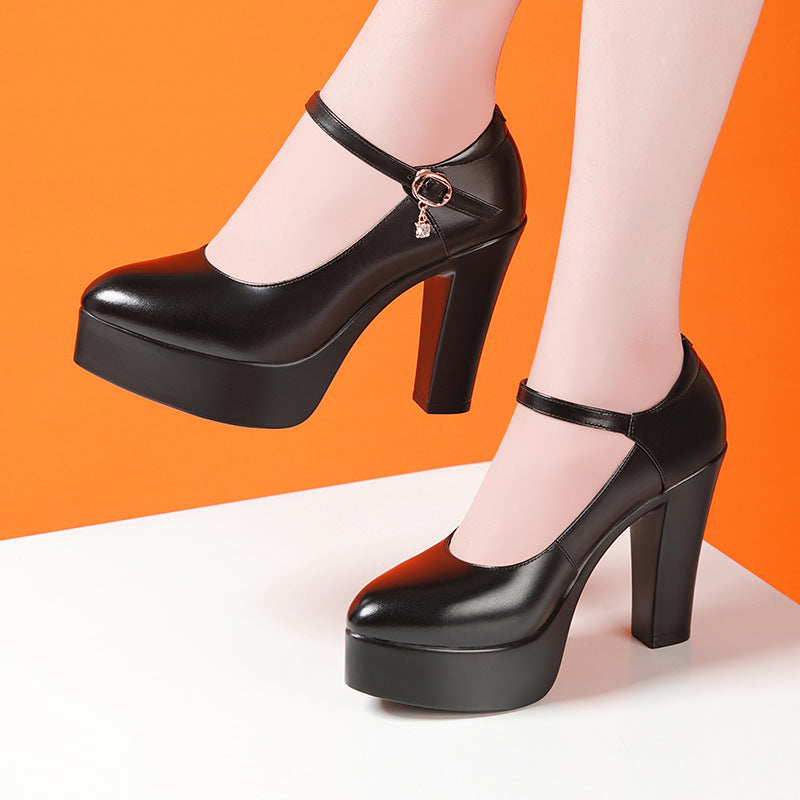 Women's High Chunky Waterproof Platform Cheongsam Model Pumps Pointed Black Soft Leather Shoes