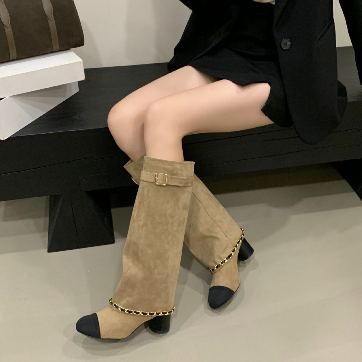 Fashionable Thick Color Matching Chain High Female Women's Leather Boots