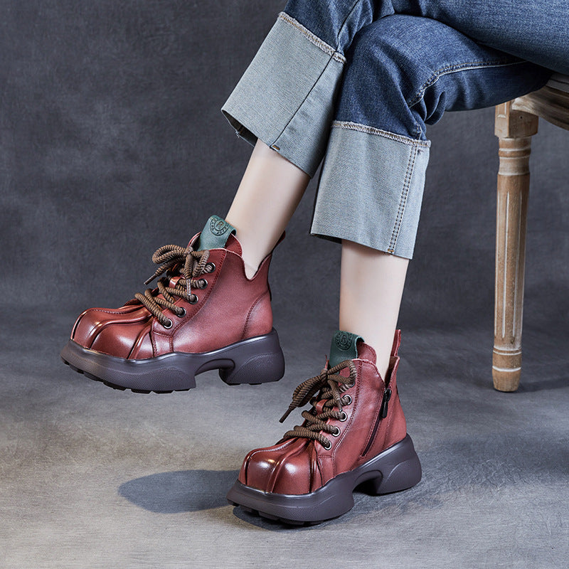 Women's Muffin Bottom High Top Ankle Fashionable First Layer Cowhide Square Men's Shoes