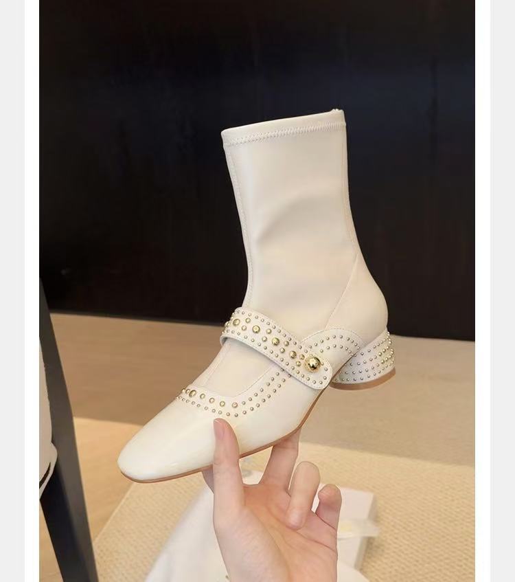 Square Head Riveted Short Knight Tube Thick Thin Ankle Boots