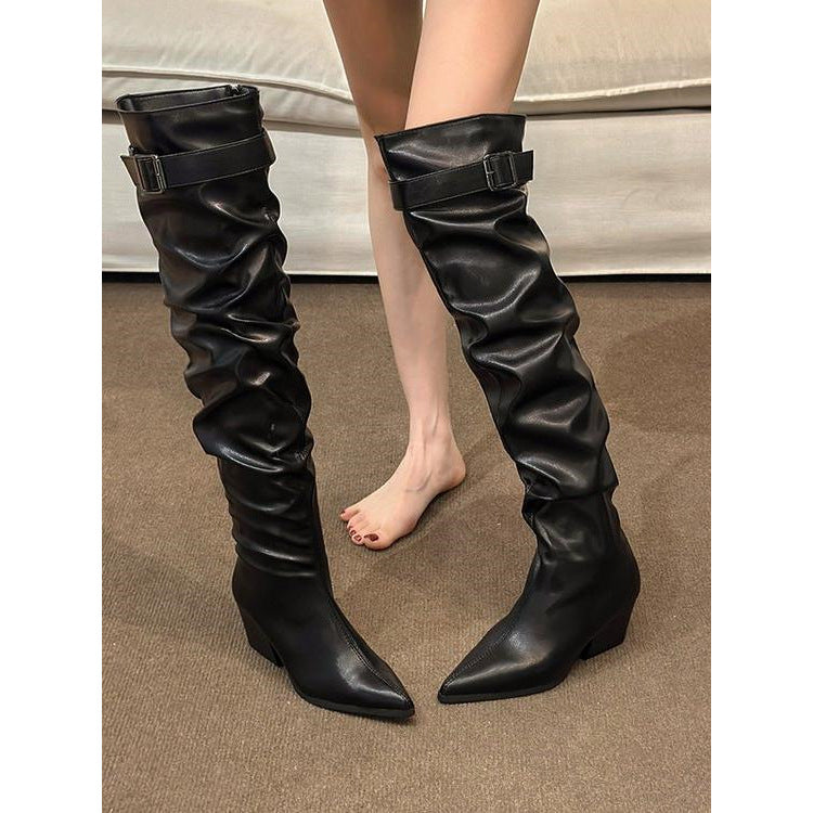 Over The Knee Large Tube Circumference Pile Style Pleated High Heels