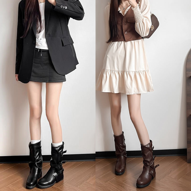Buckle Pile Style Retro Length Western Boots
