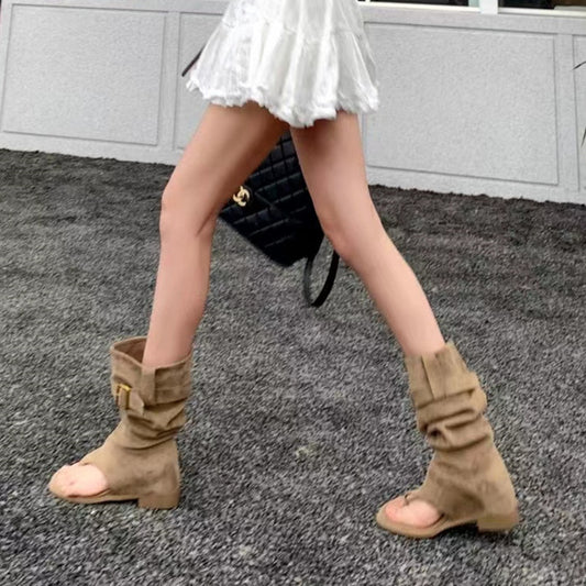 Open Toe Herringbone Height Increasing Insole Western Slimming Length Loose Women's Leather Boots