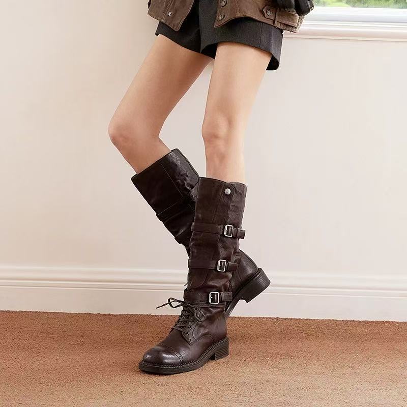 Women's High Motorcycle Genuine Strap Handsome Retro Heels