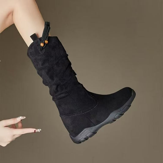Insole Below The Knee Long Female Autumn Retro Pile Style Women's Leather Boots