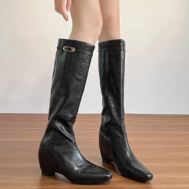 Women's Cowhide Version Small Height Increasing Insole High-heeled Women's Leather Boots