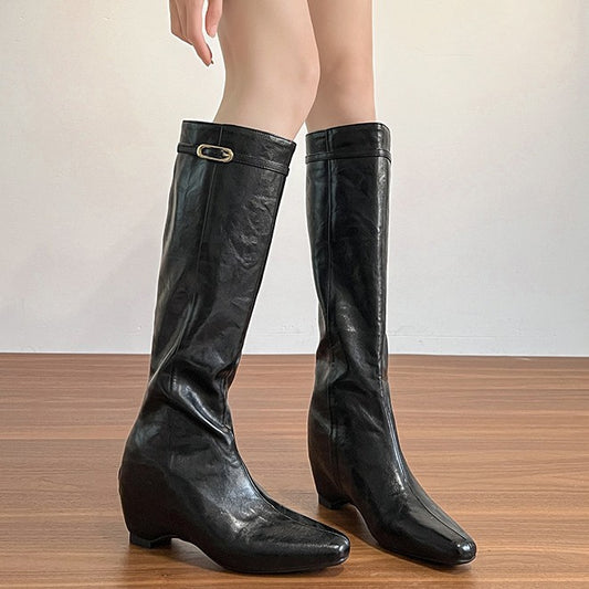 Women's Cowhide Version Small Height Increasing Insole High-heeled Women's Leather Boots