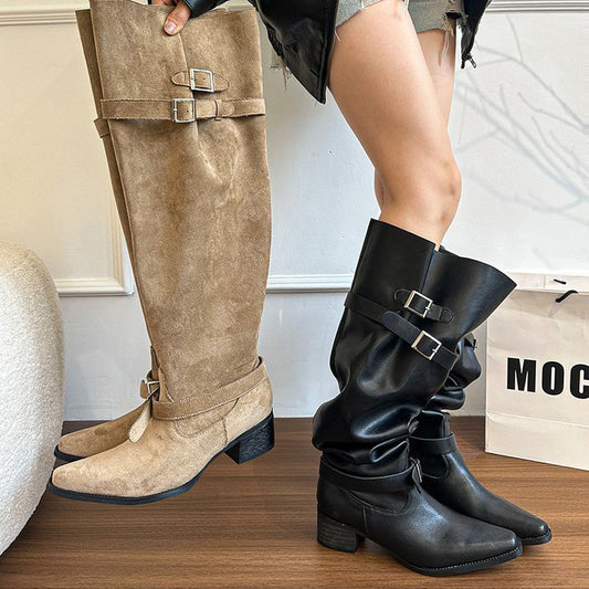 Women's Knight Retro Below The Knee Pointed Toe Chunky Women's Leather Boots