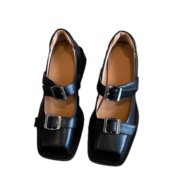 Women's Retro Belt Buckle Open Toe Roman Style Square Strap Versatile Heels