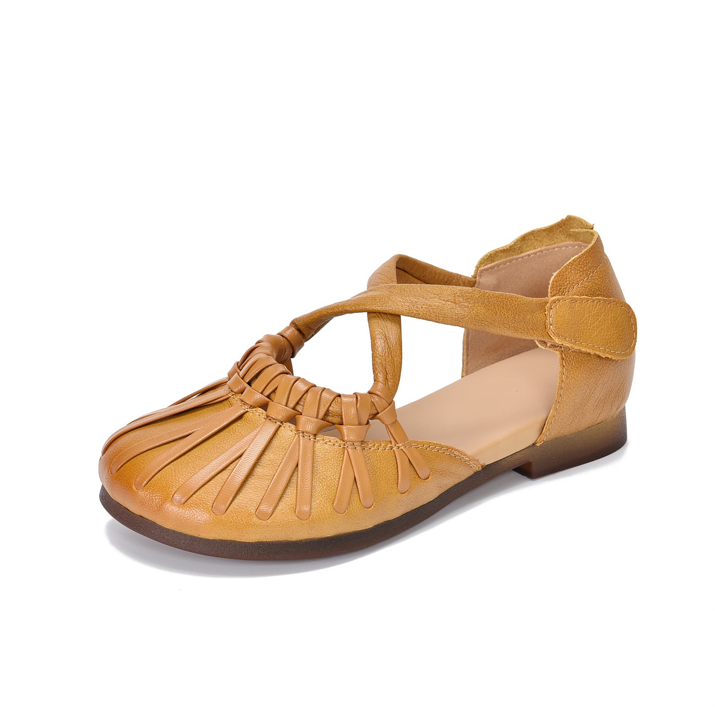 Women's British Round Head Genuine Woven Hollowed Comfortable Thick Hollow Flat Sandals