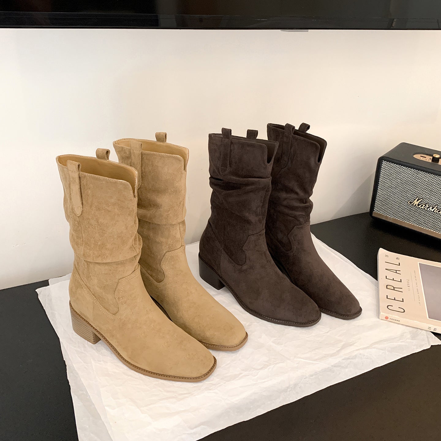 Chunky Height Increasing Insole Desert Pile Style Women's Leather Boots