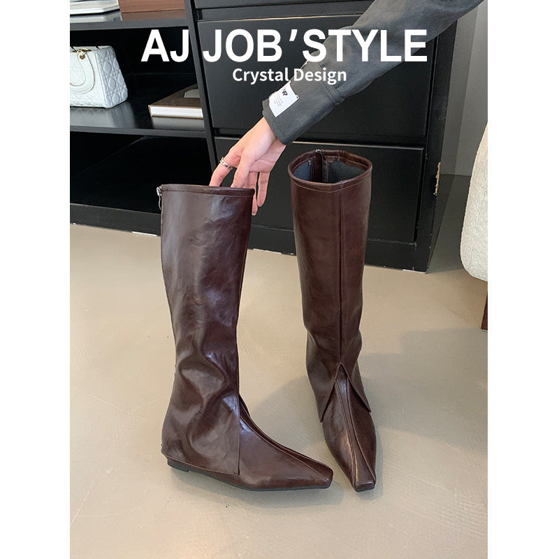 Women's Toe Soft Surface Double Perforating High Below The Knee Thin Women's Leather Boots