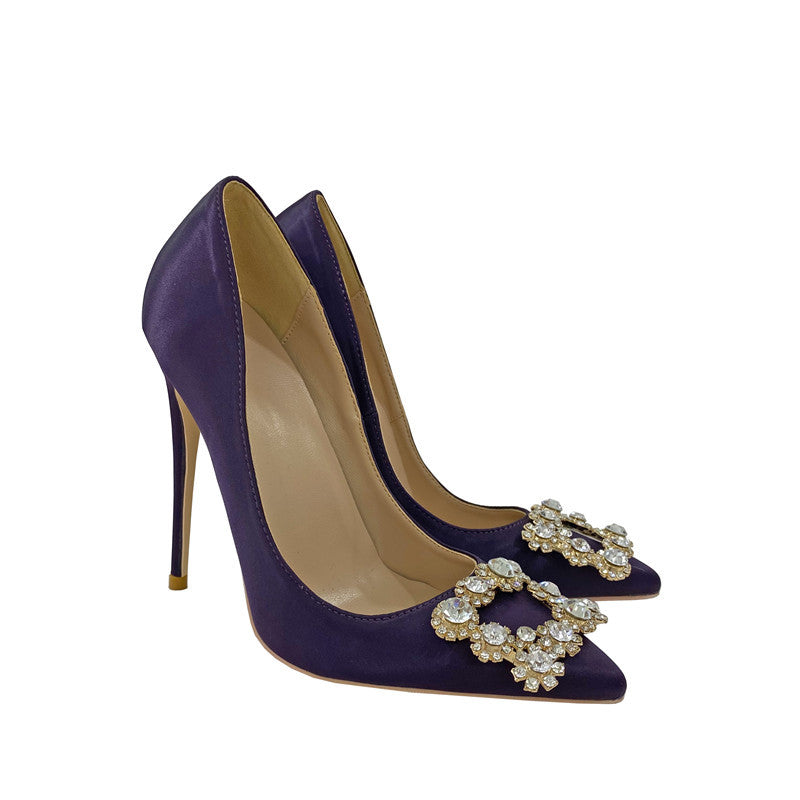 Women's Square Buckle High Pointed Stiletto Low-cut Pumps Red Women's Fashion Shoes