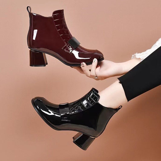 Women's Booties Patent Round Toe Ankle Low Soft Boots