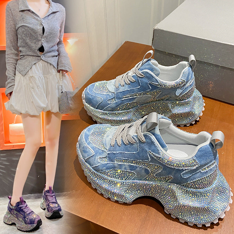 Women's Denim Rhinestone Platform Dad Autumn Small Height Women's Sports Shoes
