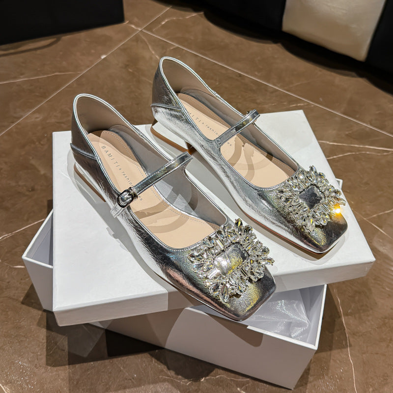 Square Toe Rhinestones Strap Buckle Low Low-cut Princess Women's Fashion Shoes