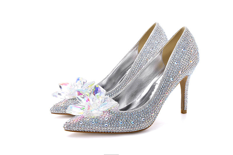 Women's Crystal Pointed Toe Stiletto Sexy Shallow Mouth High Sier Women's Fashion Shoes