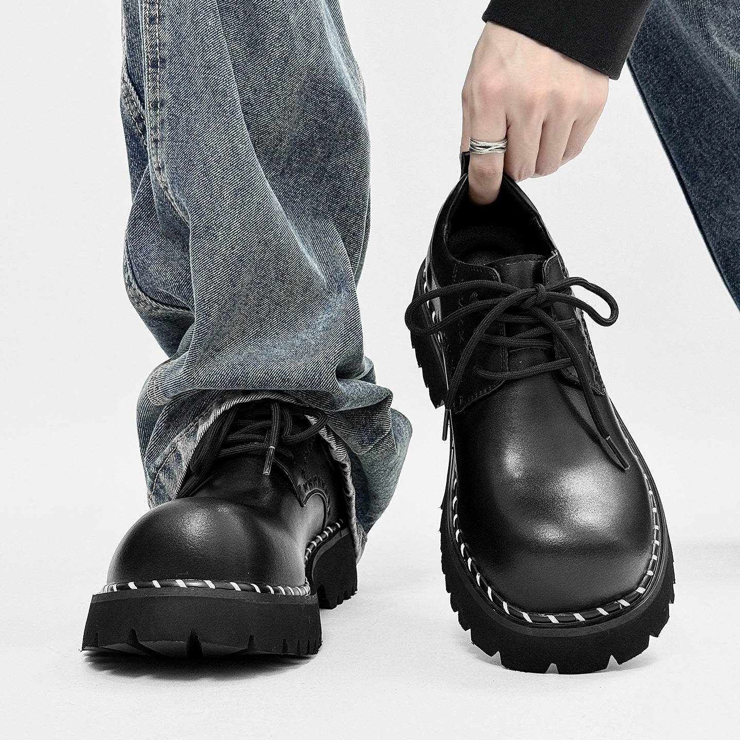 Thick Bottom Derby Elevator Wild Black Retro Design Niche Leather Shoes