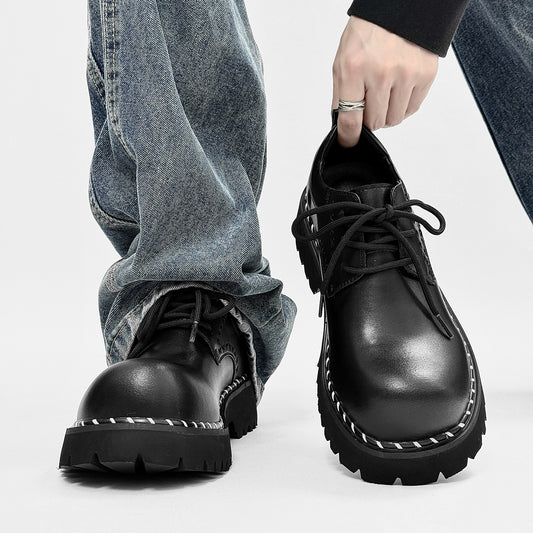 Thick Bottom Derby Elevator Wild Black Retro Design Niche Leather Shoes