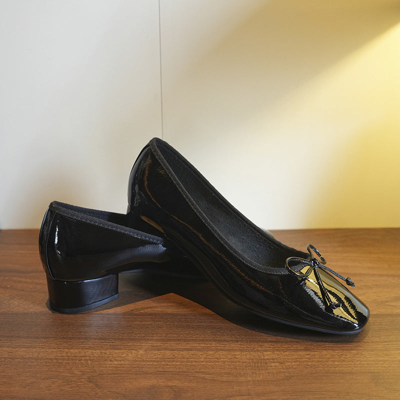 Women's Super Soft Bow Pumps Square Toe Chunky Mid Sweet Mary Heels