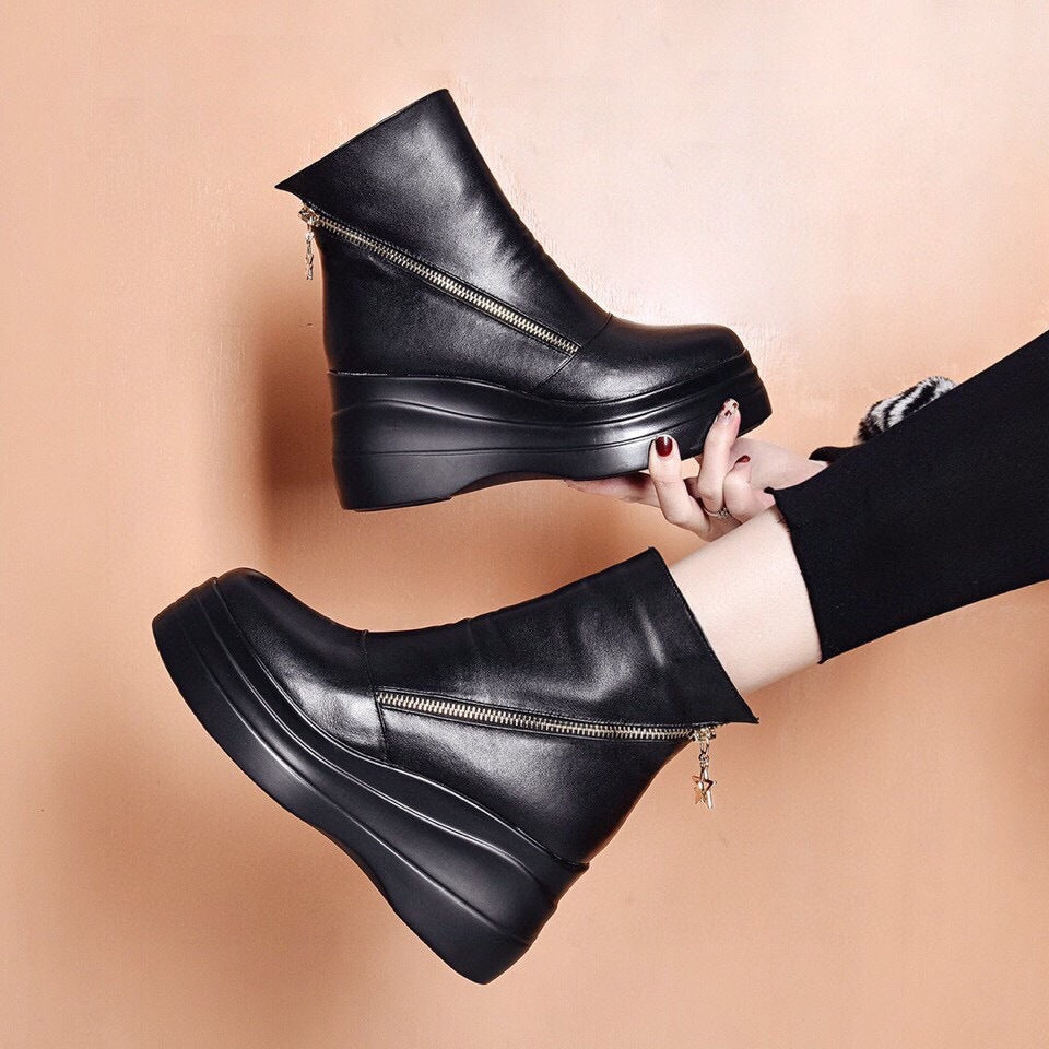Women's Spring Thin Genuine Soft Bottom Muffin Height Increasing Plus Women's Leather Boots