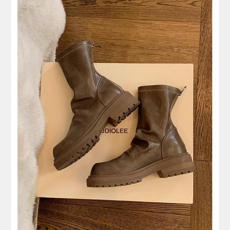 Women's Platform Skinny Round Toe Pleated Back Women's Leather Boots
