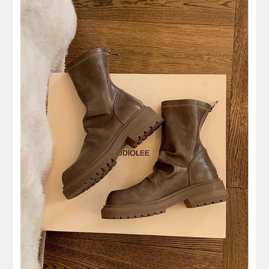 Women's Platform Skinny Round Toe Pleated Back Women's Leather Boots