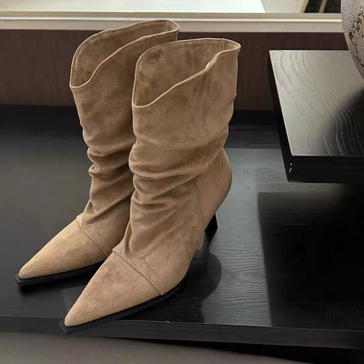 Women's Pointed Toe Pile Style High Stiletto Vintage Crumpled Ankle With Women's Leather Boots
