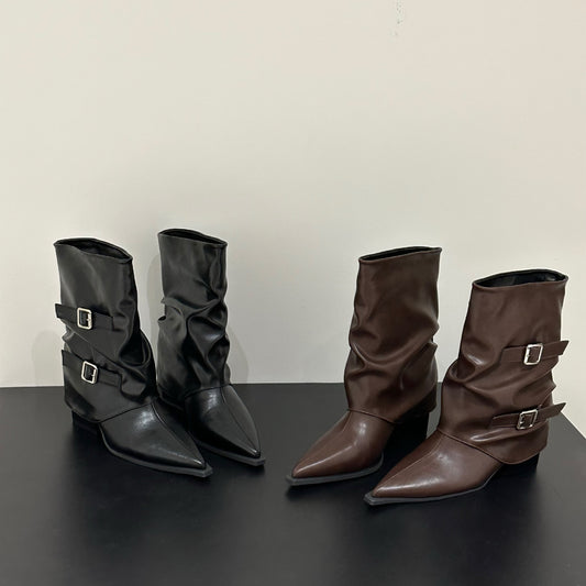 Women's Martin Pleated Middle Thick Slimming Pants Women's Leather Boots