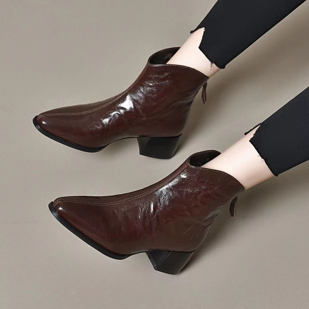 Women's & Men's Booties Soft Bottom Thick Brown Pointed Women's Leather Boots