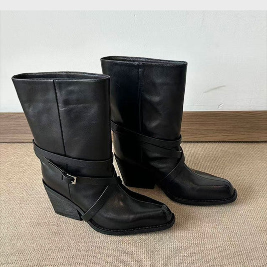 Women's Retro Square Toe High High-heel Martin Commuter Chunky Boots