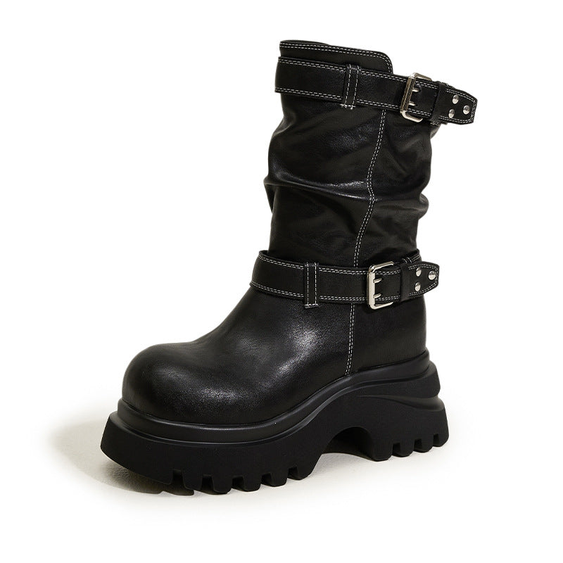 Women's High British Style Pleated Pile Belt Buckle Women's Leather Boots